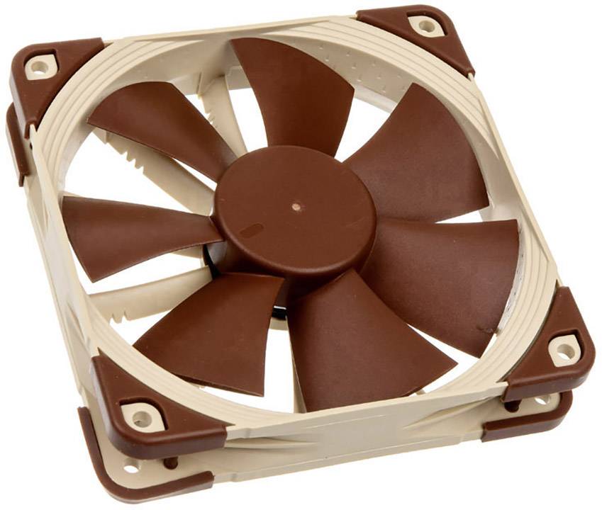 Štvorcový počítačový ventilátor s hnedými lopatkami rotora v krémovom ráme, používaný na chladenie hardvérových komponentov.