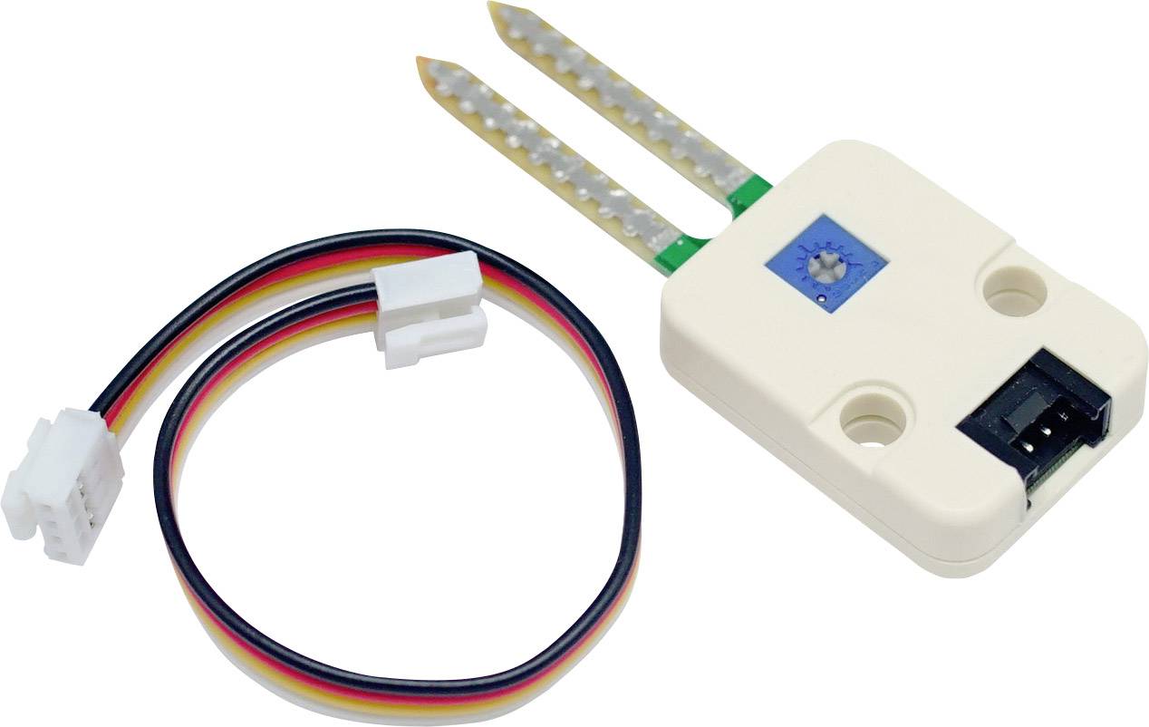 Snímač vlhkosti s dvoma kovovými sondami a pripojeným káblom so zástrčkou pre Arduino alebo Raspberry Pi projekty.