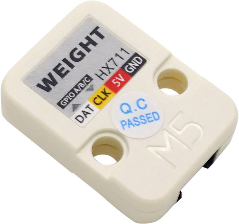 Senzorový modul HX711 s nápisom 'WEIGHT', konektory pre GPIO, DAT, CLK, 5V, GND; skontrolovaný a schválený nálepkou 'Q.C PASSED'.