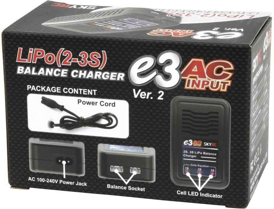 Obal 'LiPo Balance Charger e3 AC Input Ver. 2' zobrazuje nabíjačku batérií vrátane sieťového kábla a nabíjacích konektorov.