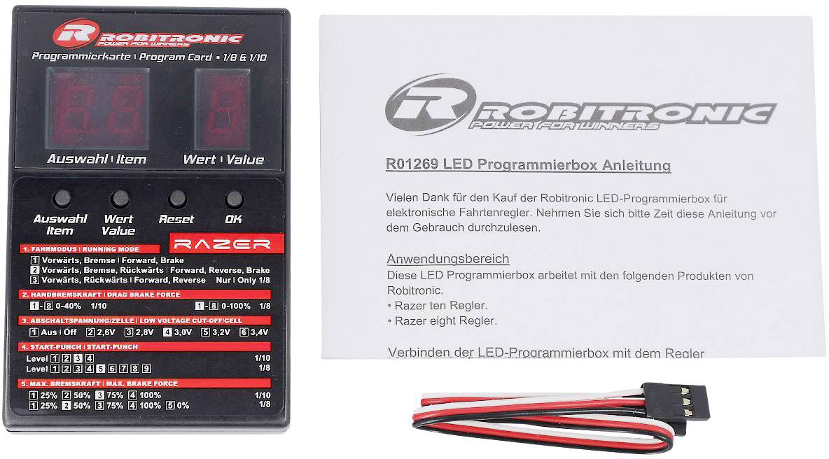 Programovacia karta a návod od Robotronicu. LCD displej pre výber a hodnotu. Obsahuje text o LED a ďakuje za nákup.