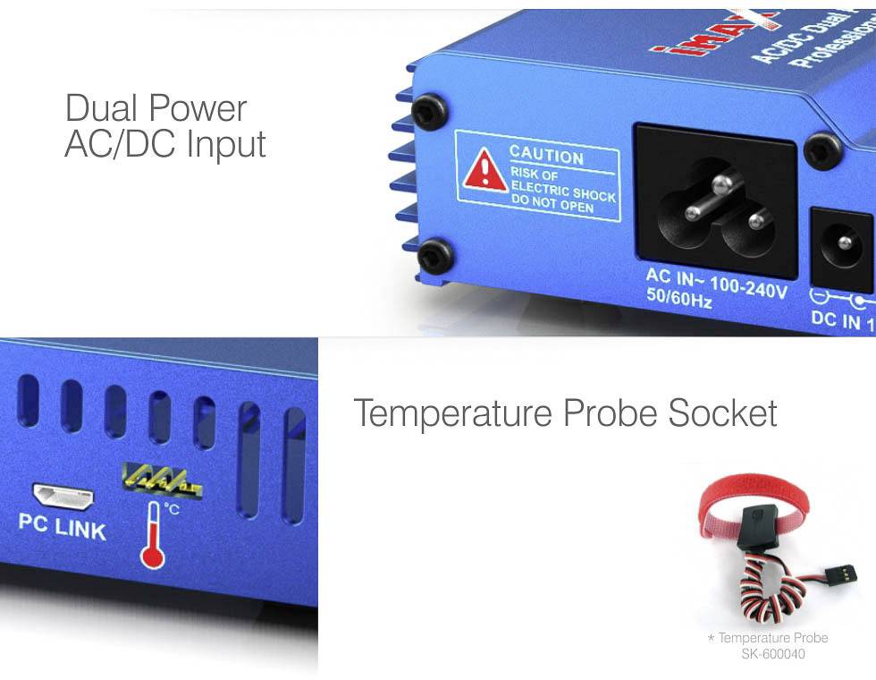 Detailný pohľad na modré zariadenie s vstupom 'Dual Power AC/DC', prípojkou 'PC LINK' a soketnikom pre teplotnú sondu. Obsahuje výstražné upozornenie.