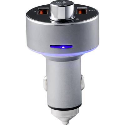 Strieborný autoadaptér s dvoma USB portami a modrým LED svetlom indikujúcim prevádzkový stav.