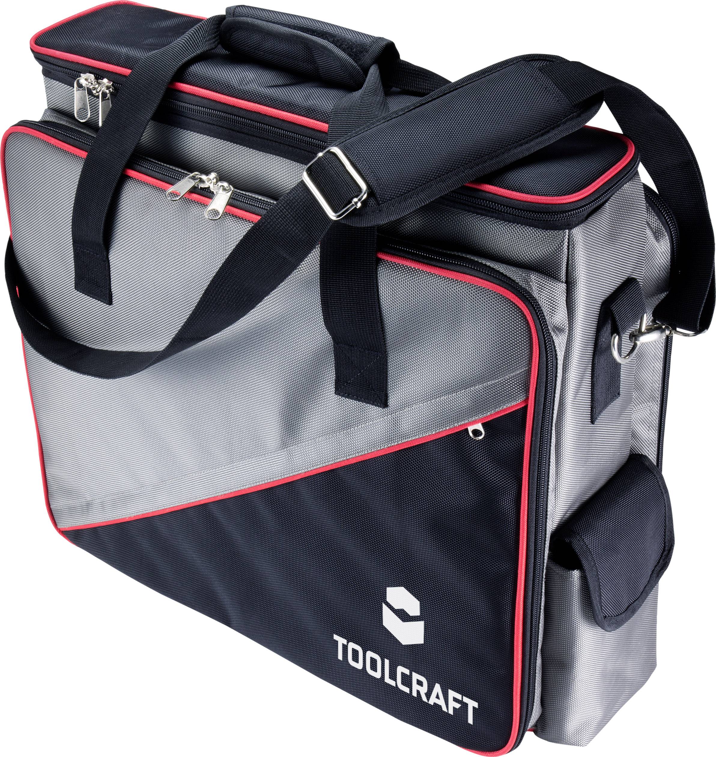 Sivá a čierna taška na náradie s červeným lemom, zipsami a logom 'TOOLCRAFT' na prednej strane.