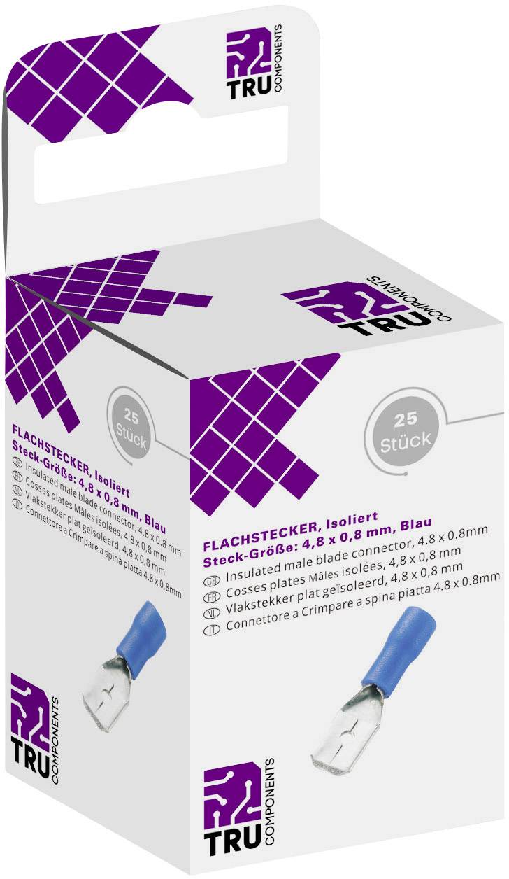 TRU COMPONENTS T1904C110 sortiment plochých zástrčiek Šírka zástrčky: 4.80 mm Hrúbka konektora: 0.80 mm 180 ° čiastočne izolované modrá 25 ks