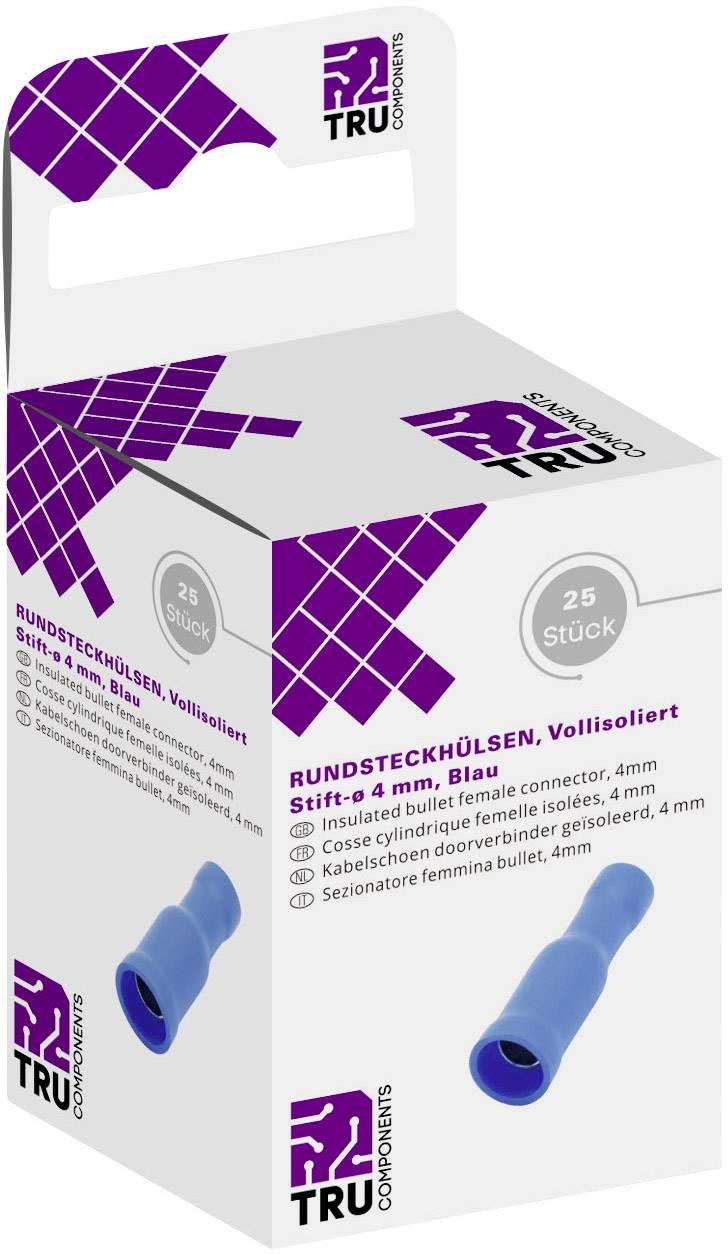 'Balenie TRU Components okrúhlych dutiniek, plne izolovaných, priemer kolíka 4 mm, modré, 25 kusov. Zobrazenie modrej dutinky.'