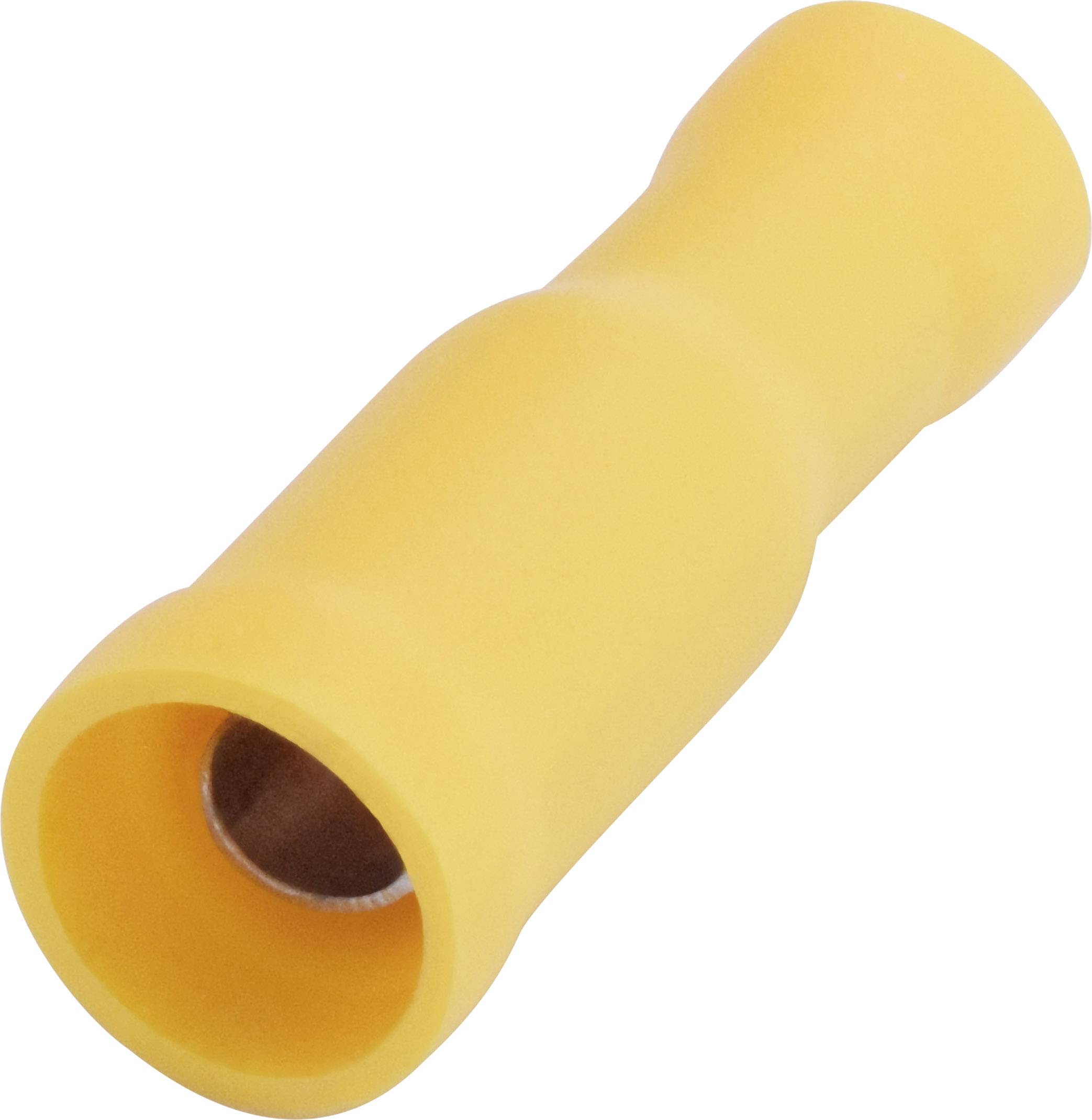 Žltý izolovaný kábový konektor pre elektrické spoje, valcovitého tvaru, zobrazujúci kovovú objímku vo vnútri.