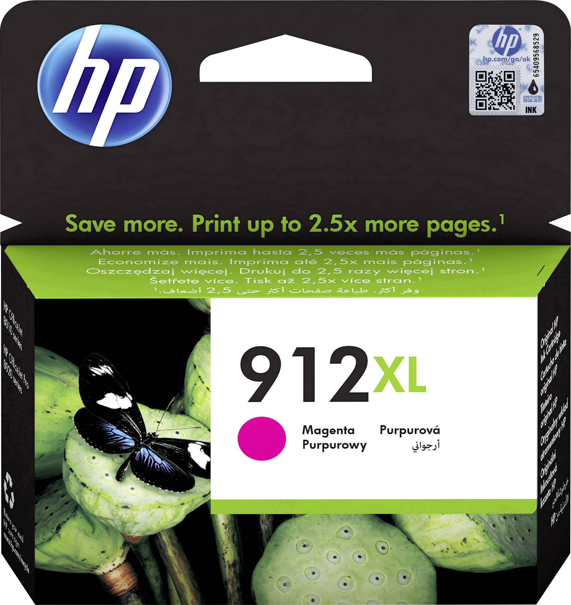 Atramentová kazeta HP 912XL Magenta, Fotografia čierneho druhu motýľa na zelenom rastlinnom pozadí, sľubuje vysoký výkon.