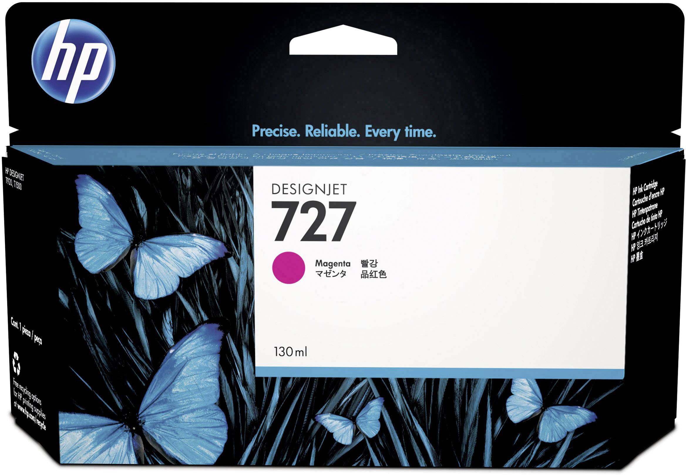 Kartón na tužku Designjet 727 v magentovej farbe. Zobrazuje logo HP, modré motýle a text "Presné. Spoľahlivé. Vždy.".