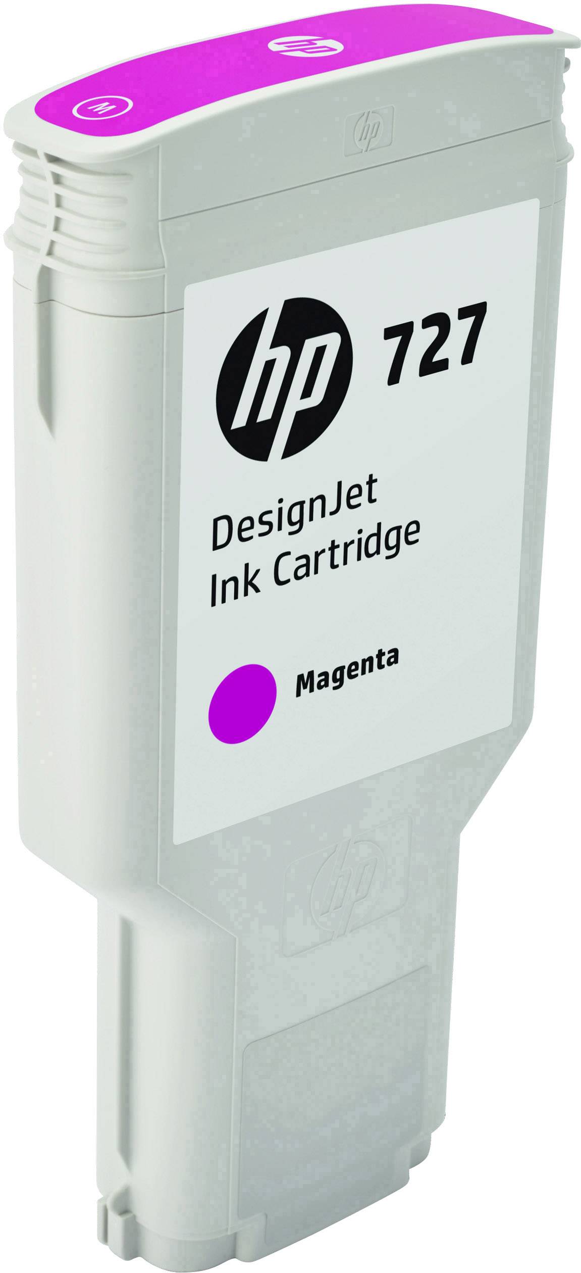 Atramentová kazeta s nápisom 'HP 727, DesignJet atramentová kazeta, Purpurová'. Kazeta je prevažne sivá s purpurovým štítkom.
