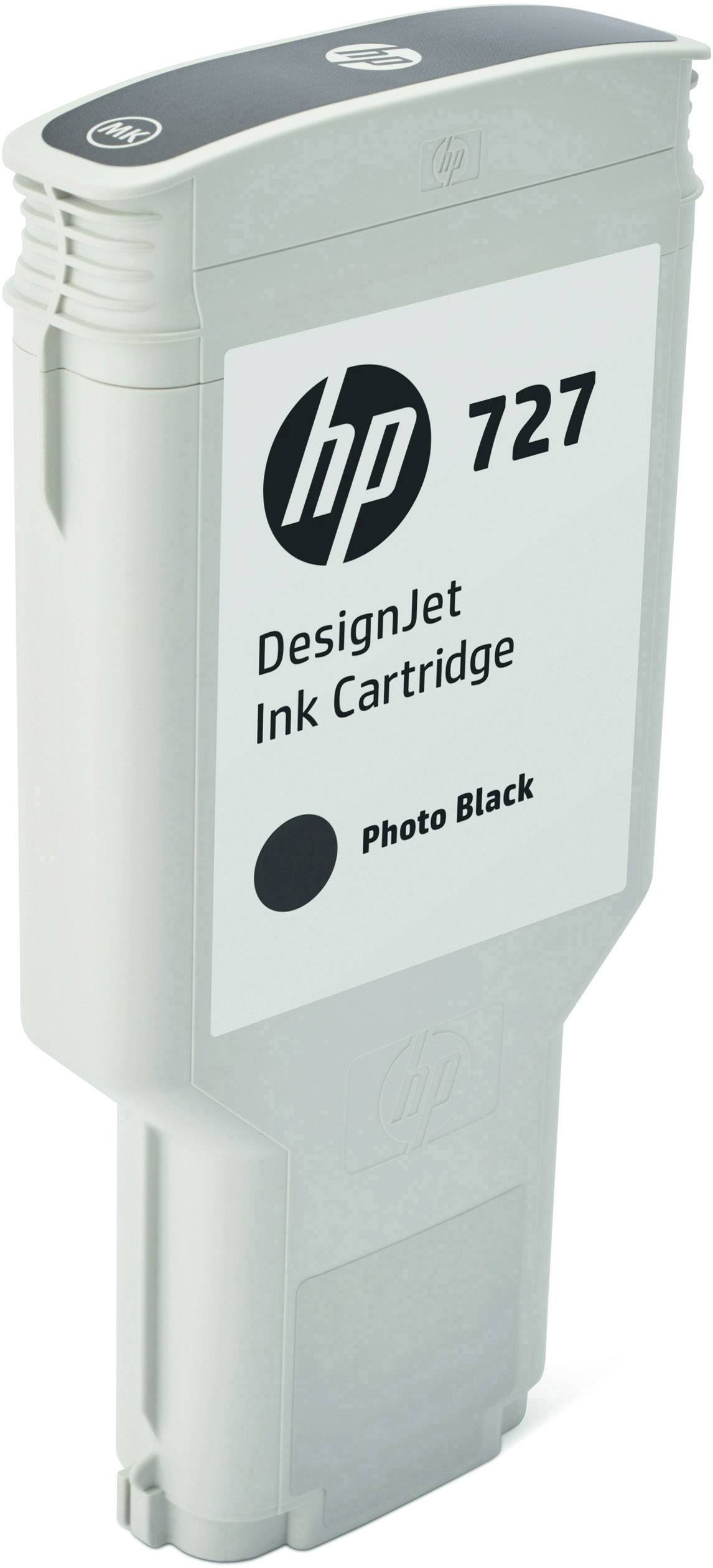 Atramentová kazeta HP 727 pre DesignJet, farba: Photo Black, zobrazená v detailnom zábere vo vertikálnej polohe.