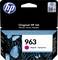 HP atramentová kazeta 963 v magentovej farbe. Balenie s modrým motívom motýľa a logom HP. Text: 'Originálny atrament HP: Výrazný. Presný. Spoľahlivý.'