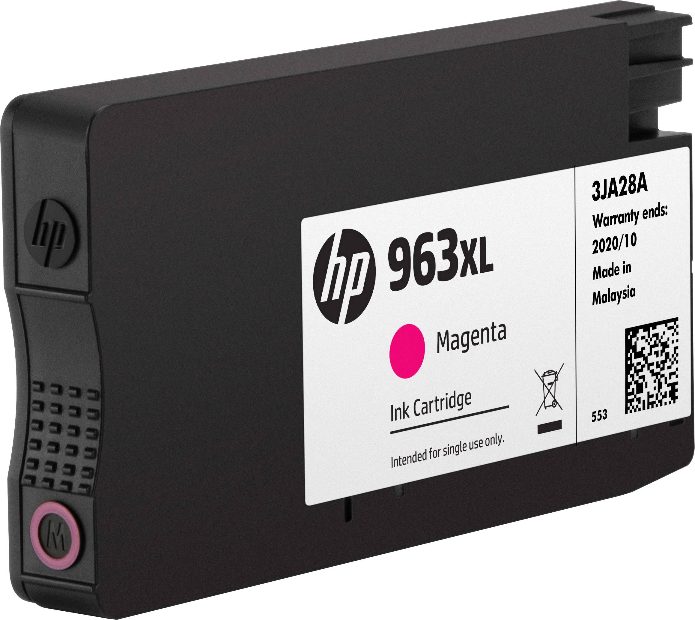 Atramentová cartridge HP 963XL v magentovej farbe, obdĺžnikového tvaru, s etiketou '3JA28A'. Vyrobená v Malajzii. Záruka do roku 2020.