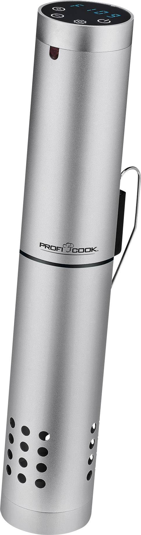 Strieborný prístroj na varenie Sous-Vide značky 'PROFI COOK' s displejom a vetracími otvormi v spodnej časti.