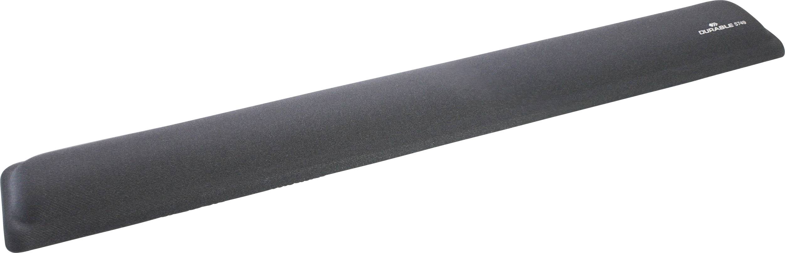 Čierna ergonomická podložka pod zápästie pre klávesnice leží horizontálne. Slúži na podporu zápästí počas písania.