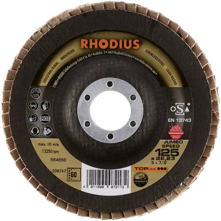 'RHODIUS' brúsny kotúč, vhodný pre nehrdzavejúcu oceľ, s maximálnymi otáčkami 12250 ot/min a priemerom 125 mm.