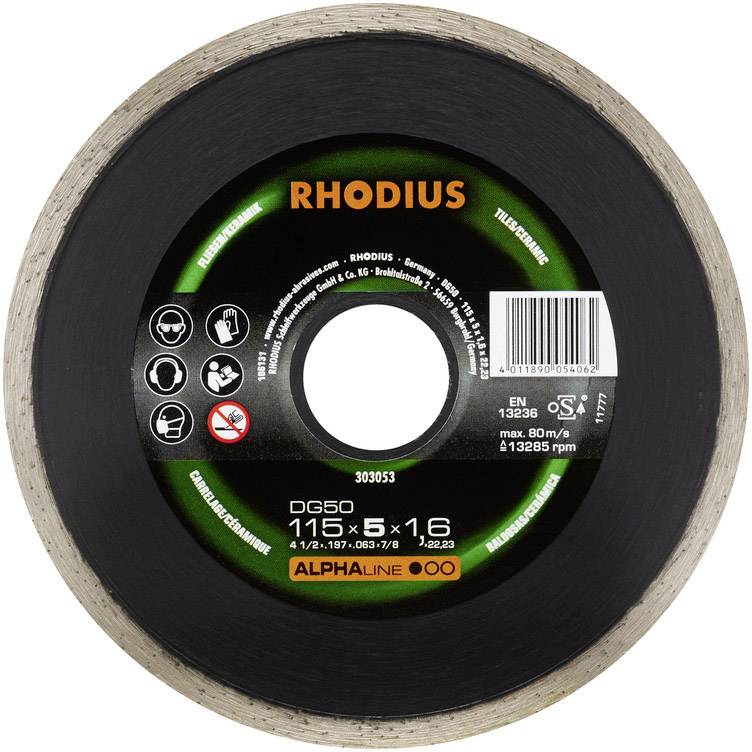 Brúsny kotúč značky Rhodius, model DG50, priemer 115 mm, vhodný na obklady a jemnú keramiku, do rýchlosti 80 m/s.