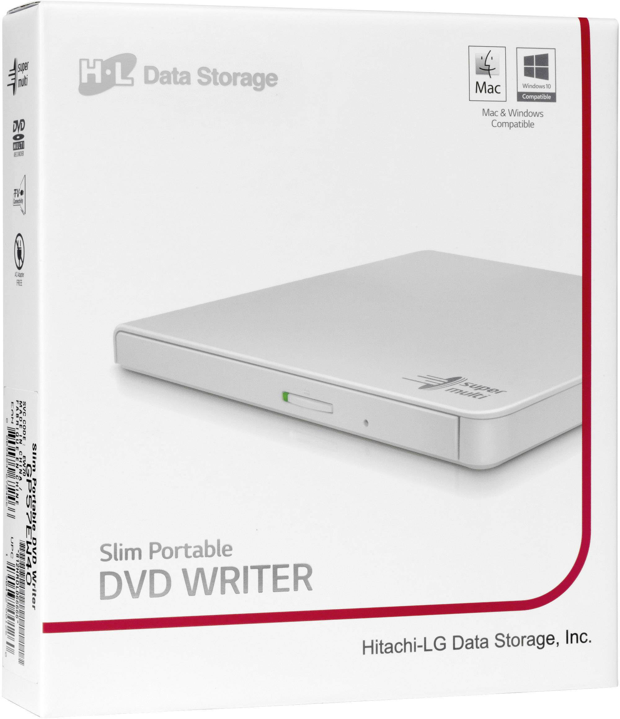 Externý DVD rekordér v štíhlom prevedení 'Slim Portable DVD Writer', kompatibilný s Mac a Windows, od spoločnosti Hitachi-LG Data Storage.