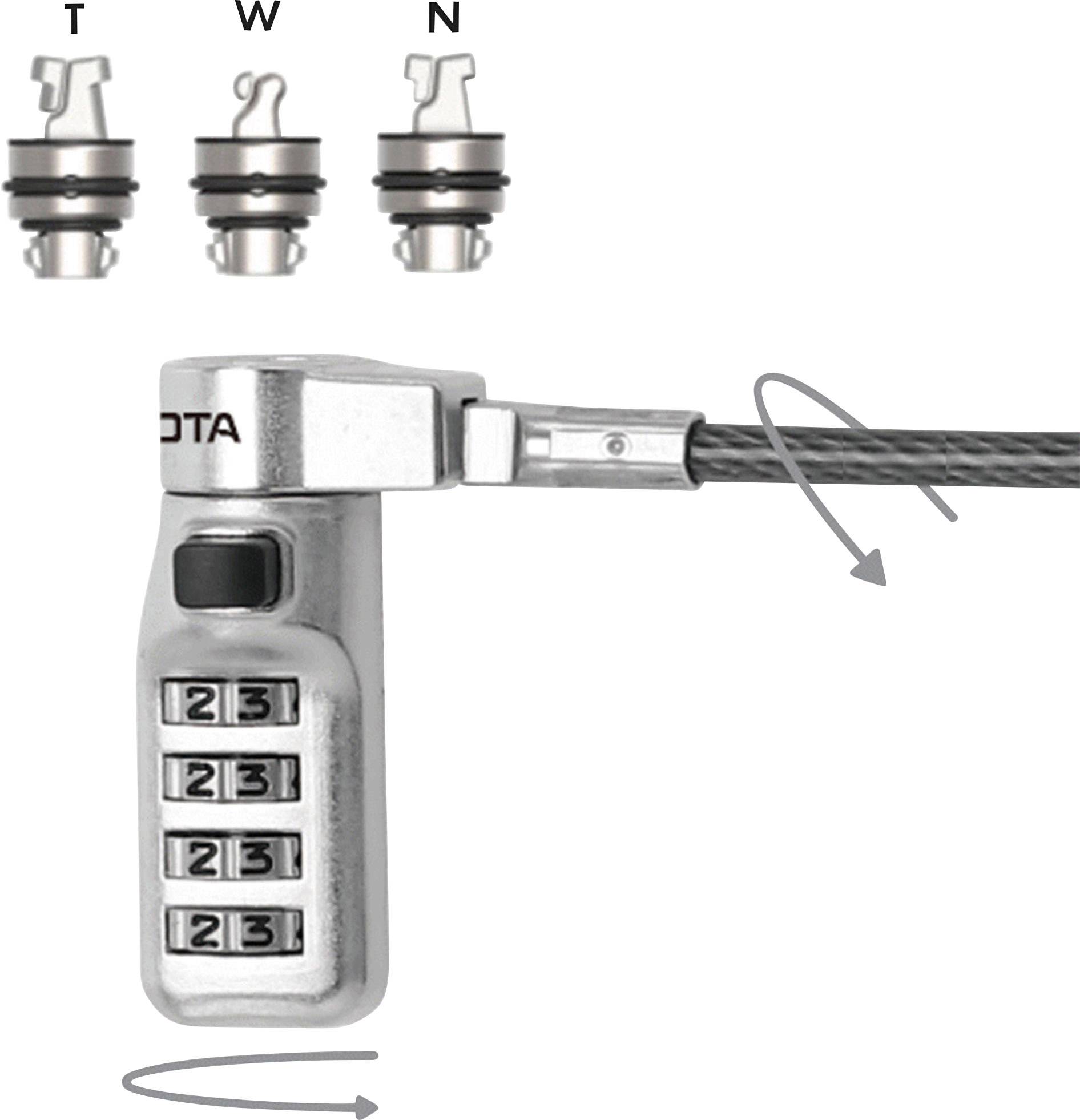 Číselný zámok so štvormiestnou kombináciou a káblom. Hore symboly 'T', 'W', 'N' s príslušnými adaptérmi. Šípky znázorňujú smer zapojenia.