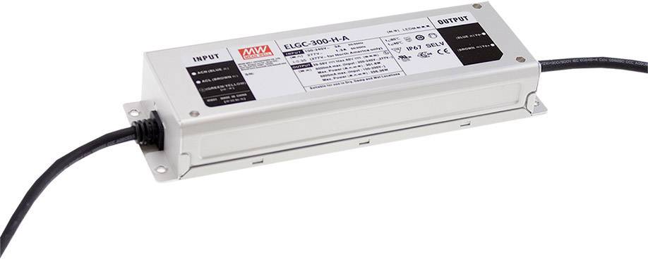 Napájací zdroj od Mean Well, model ELGC-300-..-A. Niekoľko vstupných a výstupných parametrov je uvedených na hornej etikete.