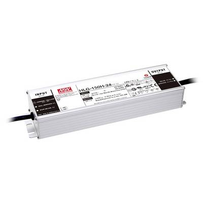 LED driver od Mean Well, model HLG-150H-24 s technickými špecifikáciami na štítku. Obdĺžnikové kovové púzdro.