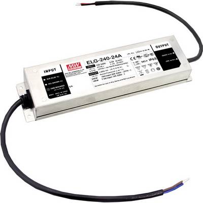 Obdĺžnikové elektronické zariadenie s nálepkou 'ELG-240-24A' od MEAN WELL. Pripojené sú vstupné a výstupné vodiče.