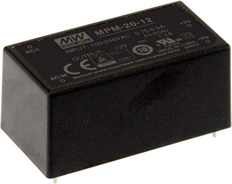 Čierna elektronická súčiastka s nápisom 'MPM-20-12', ktorá vyznačuje špecifikácie vstupného a výstupného napätia.