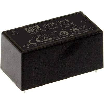 Čierna elektronická súčiastka s nápisom 'MPM-20-12', ktorá vyznačuje špecifikácie vstupného a výstupného napätia.