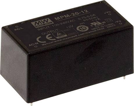 Čierna napájacia jednotka s nápisom 'MPM-20-12' a elektrickými špecifikáciami. Obdĺžnikový tvar s pripájacími pinmi dole.
