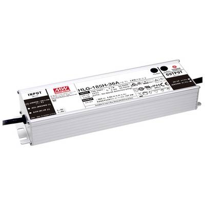 Napájací zdroj s označením 'HLG-185H-36A', zobrazujúci vstupné a výstupné parametre, kovový kryt, 185 wattov, model určený pre LED aplikácie.