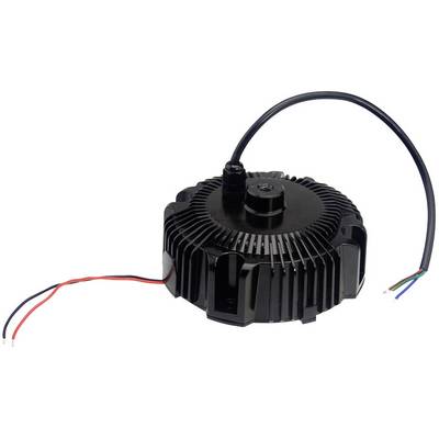 Guľatý, čierny LED driver s chladičmi a káblovými pripojeniami.