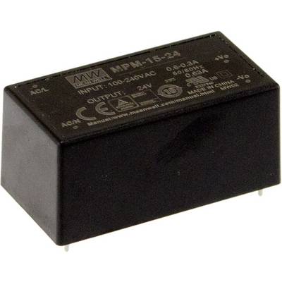 Čierny AC/DC menič s označením 'MPM-15-24', vstup 100-240V AC, výstup 24V, 0,6A, určený na napájanie elektronických zariadení.