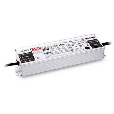 Obdĺžnikové, biele elektronické zariadenie s popiskami a káblami na oboch koncoch. Nápis: 'HLG-80H-15A'.