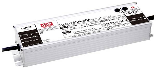 MEAN WELL HLG-185H-12AB LED driver  konštantné napätie 156 W 6.5 - 13 A 10.8 - 13.5 V/DC stmievateľný, stmievací funkcie 3v1, nastaviteľný, PFC spínacie obvod, outdoorový, ochrana proti prepätiu, prepätia, montáž na nehorľavom povrchu, schválenie nábytku