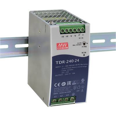 Kovový spínaný napájací zdroj od Mean Well, model TDR-240-24, montovaný na DIN lištu. Vstup/výstup: 24V, 10A. Vhodný pre priemyselné aplikácie.
