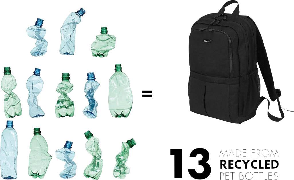 'Obrázok zobrazuje 13 rozmliaždených PET fliaš vedľa batohu. Text: 13 vyrobených z recyklovaných PET fliaš.'