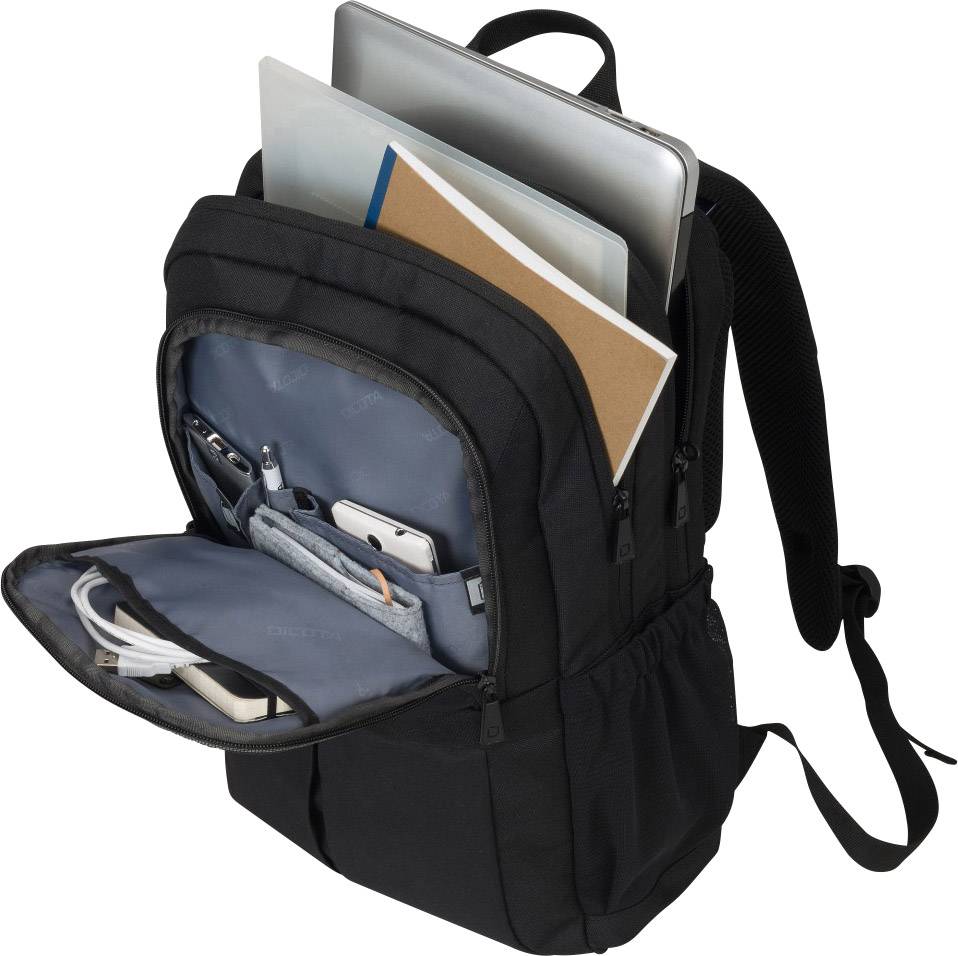 Otvorený ruksak odhaľuje laptop, tablet, poznámkové zošity a rôzne káble v jednotlivých priehradkách. Ideálny pre každodenný kancelársky život.