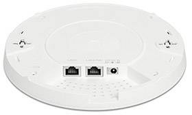 Guľatý, biely WLAN prístupový bod s dvoma ethernetovými portami a napájacím konektorom na zadnej strane.