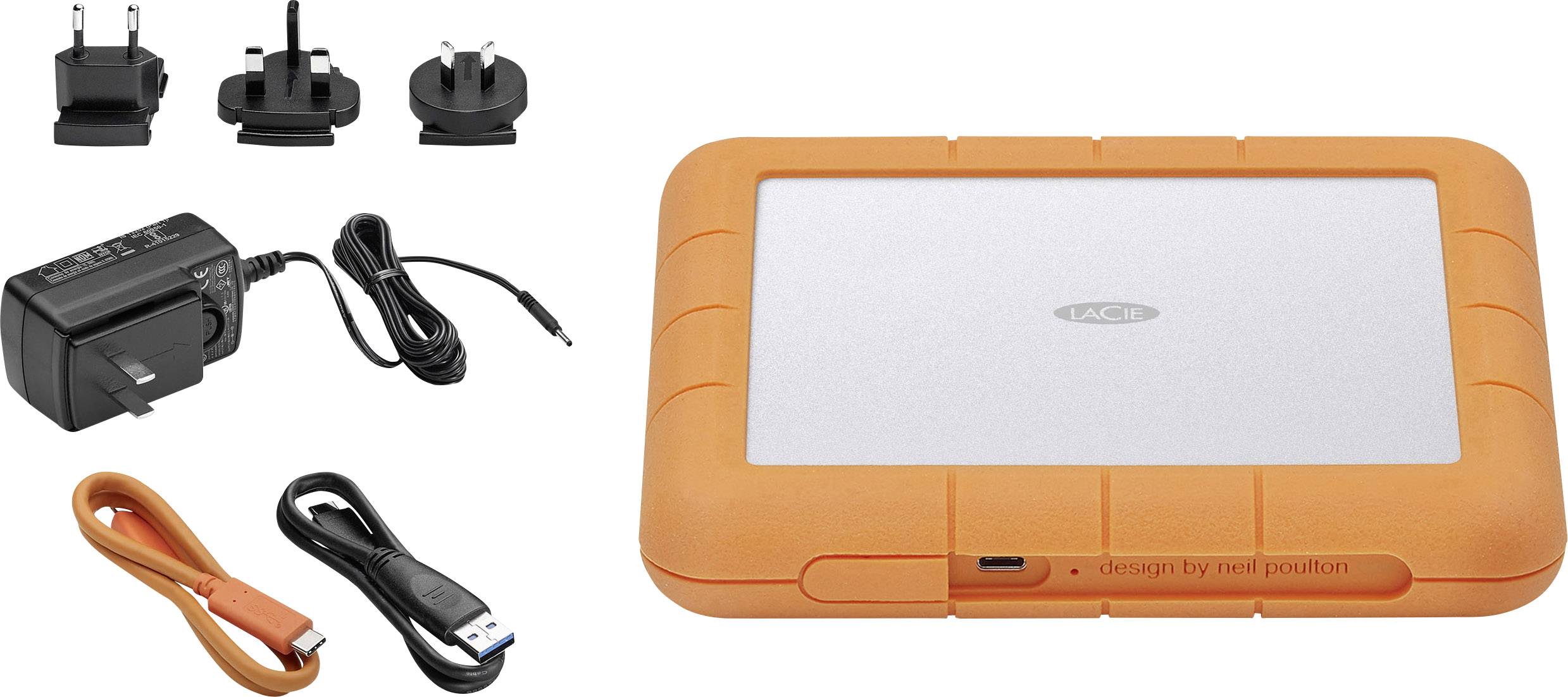Externý oranžový externý disk s odolným krytom, vrátane adaptérov, napájacieho zdroja a USB kábla. Ideálny pre ukladanie dát.
