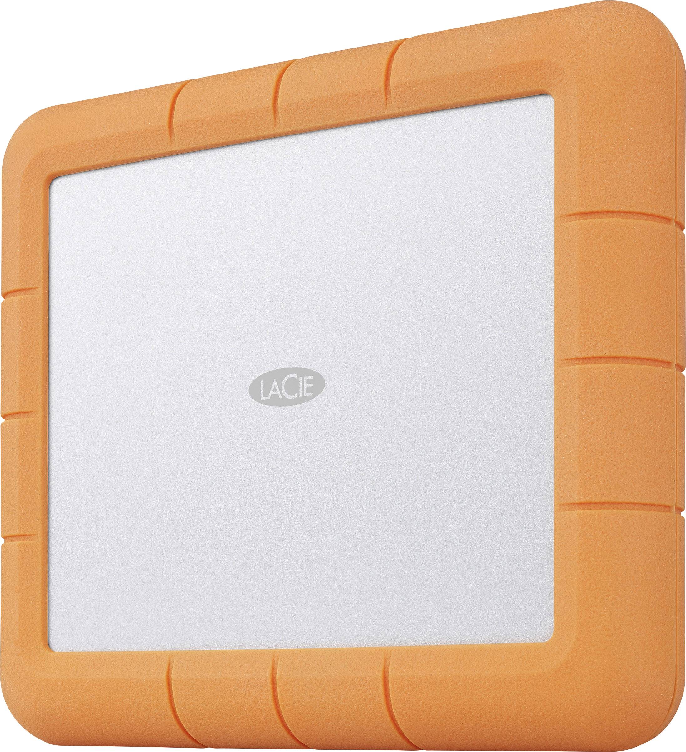 Externý pevný disk od LaCie s oranžovým ochranným obalom, robustný dizajn vhodný pre odolnosť voči nárazom a pádom.