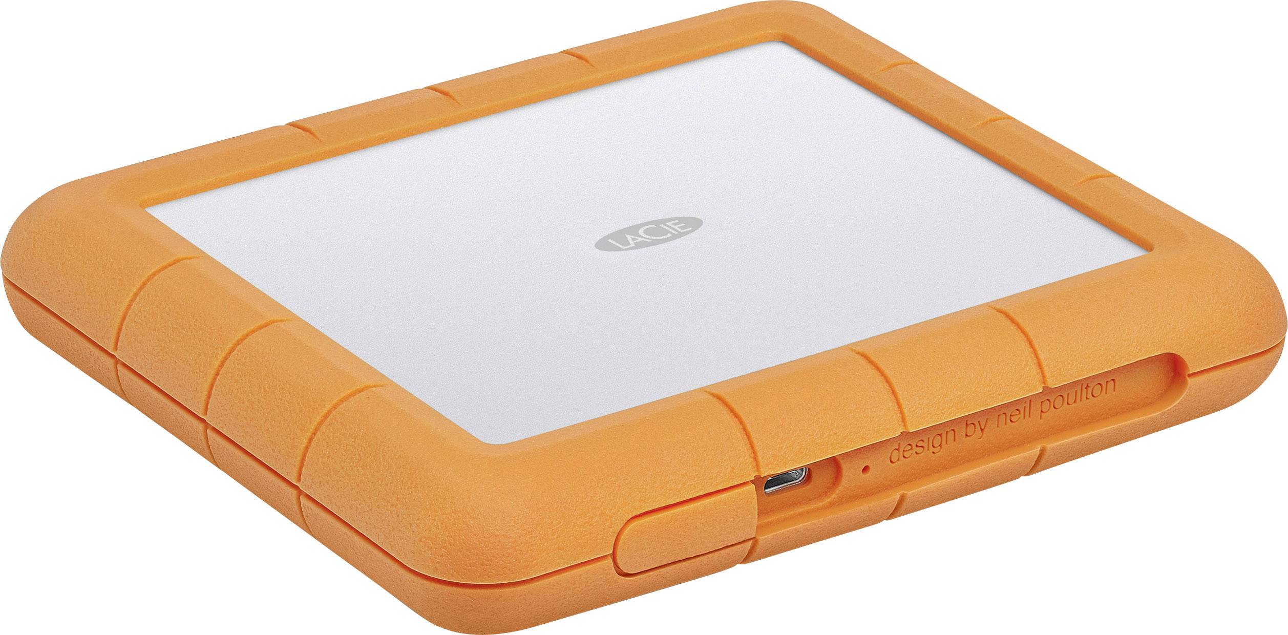 Prenosný externý pevný disk LaCie s oranžovým obalom a robustným dizajnom.