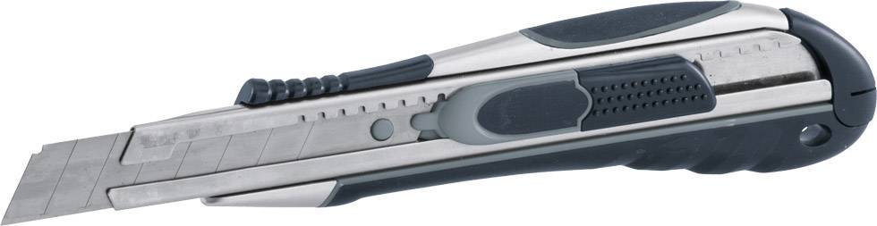 Sivý rezací nôž s výsuvným mechanizmom čepele a ergonomickým držadlom. Ideálny pre presné rezacie práce.