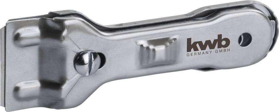 Kovový škrabkár s ergonomickou rukoväťou a čepeľou, používaný na čistenie povrchov, s nápisom 'kwb GERMANY GMBH' viditeľným na povrchu.
