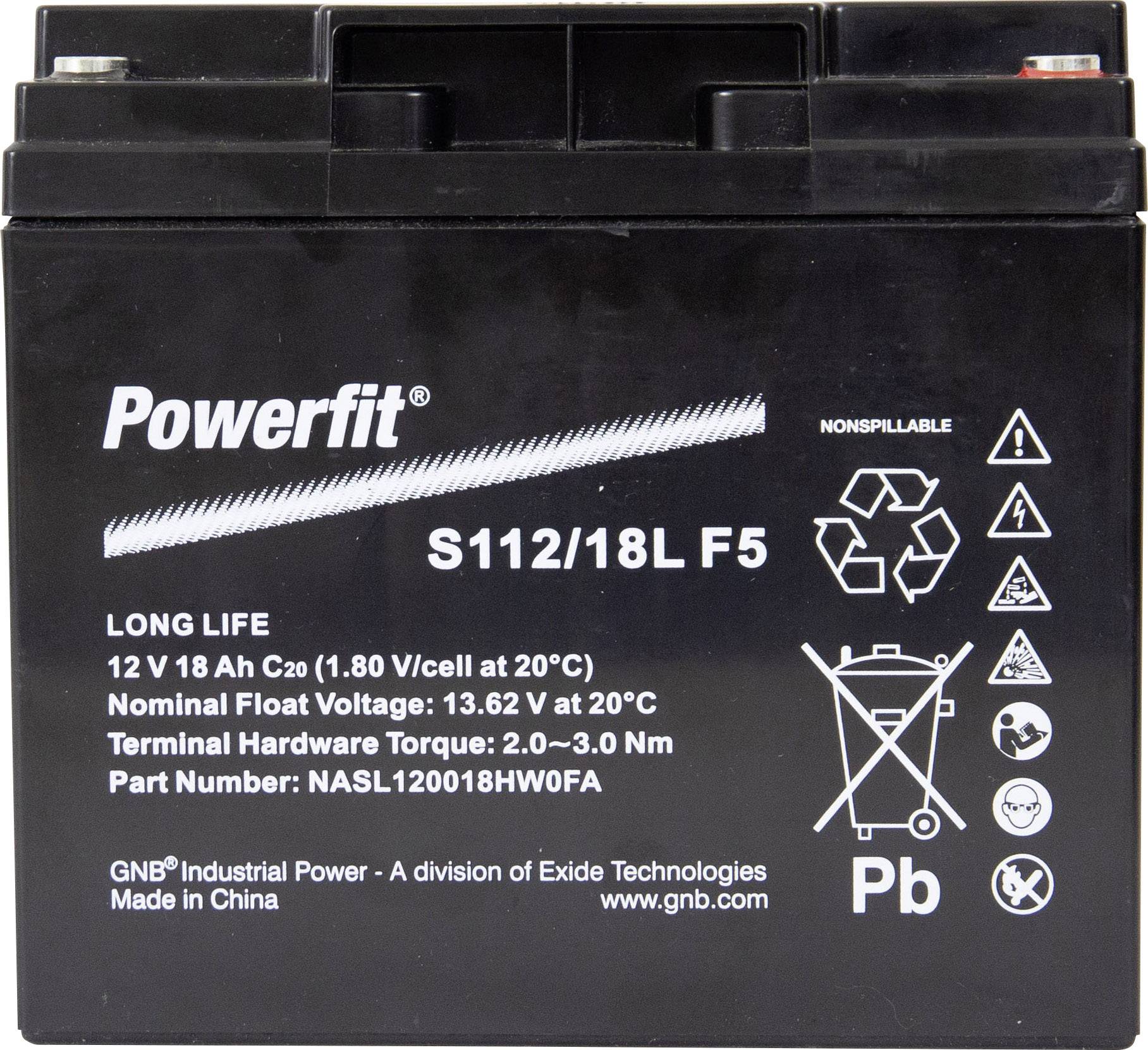 Čierna autobatéria s nápisom 'Powerfit S112/18L F5'. Údaje o napätí, kapacite a výrobe. Symboly na likvidáciu.