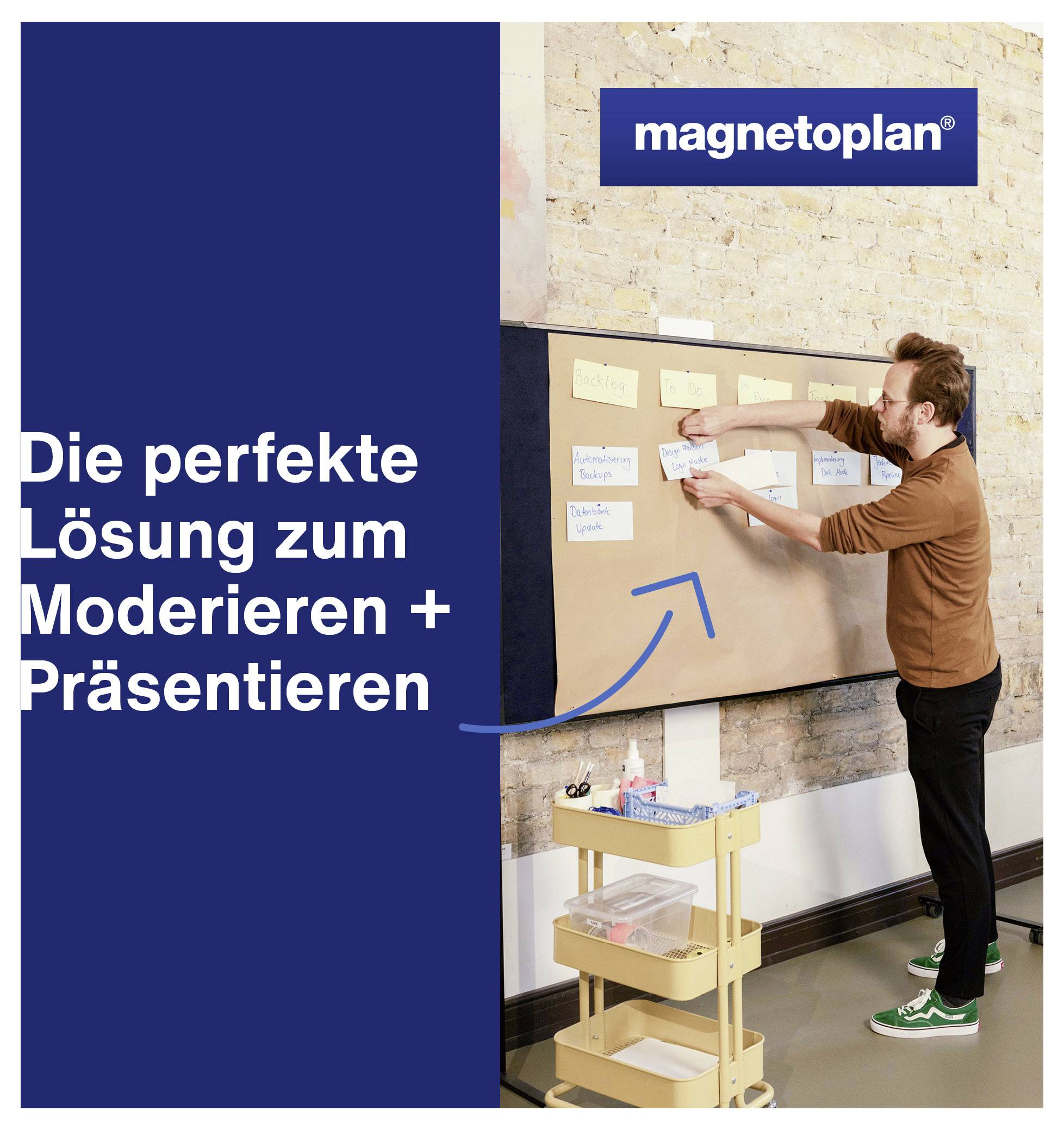 Reklamný motív od magnetoplanu: Muž pripevňuje poznámky na nástenku; vľavo stojí text „Ideálne riešenie na moderovanie + prezentáciu".