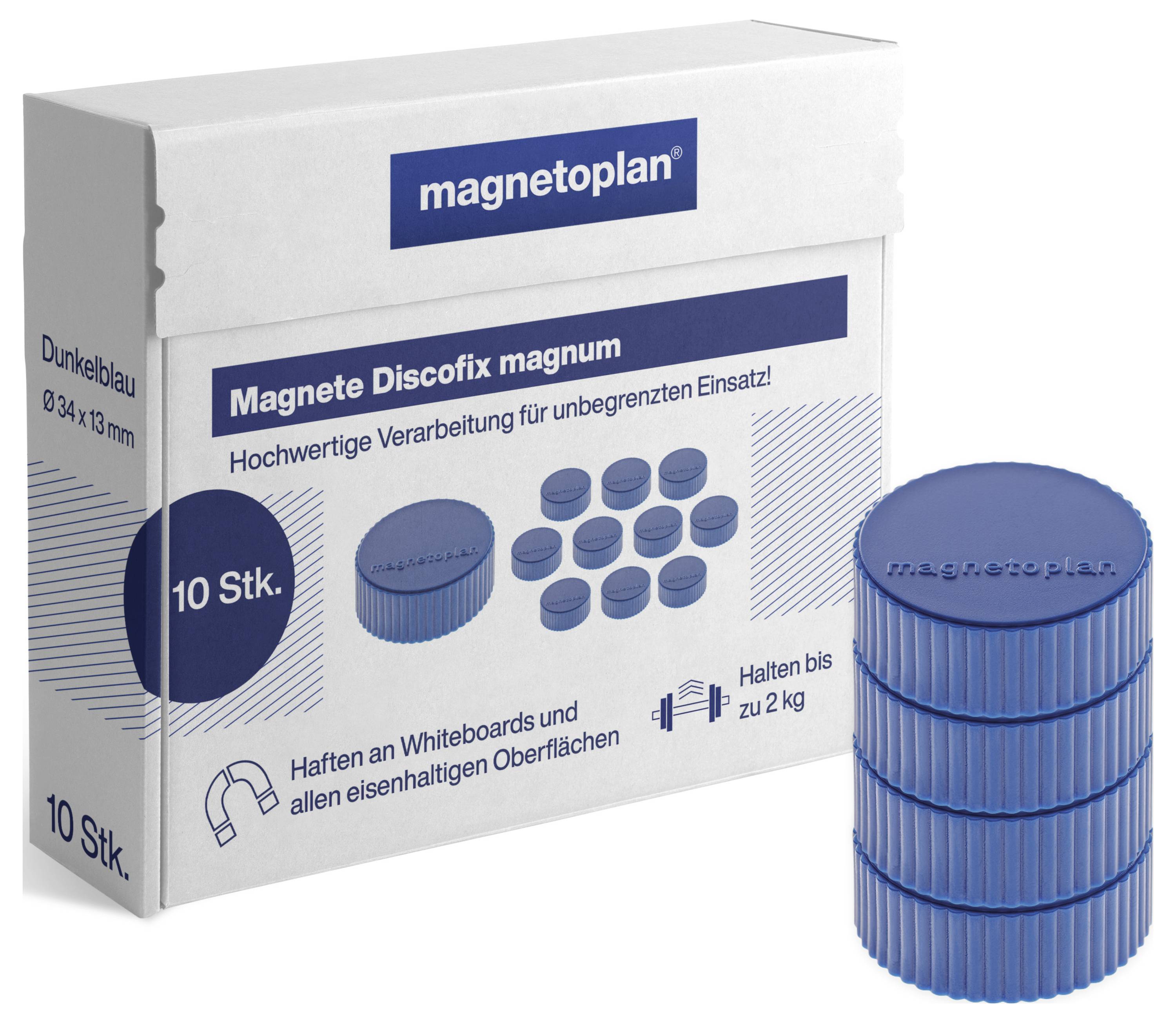 Sada magnetov pre biele tabule, 10 kusov. Magnety sú okrúhle, tmavomodré a unesú až 2 kg.
