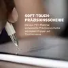 Osoba používa vstupný stylus s jemnou presnou dotykovým diskom na dotykovej obrazovke. Text na obrázku popisuje ochranu pred poškriabaním pomocou PET materiálu.