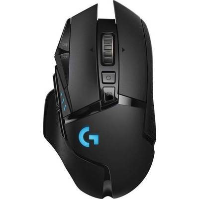 Čierna herná myš s modrým podsvietením a viacerými tlačidlami na boku. Ergonomický dizajn.