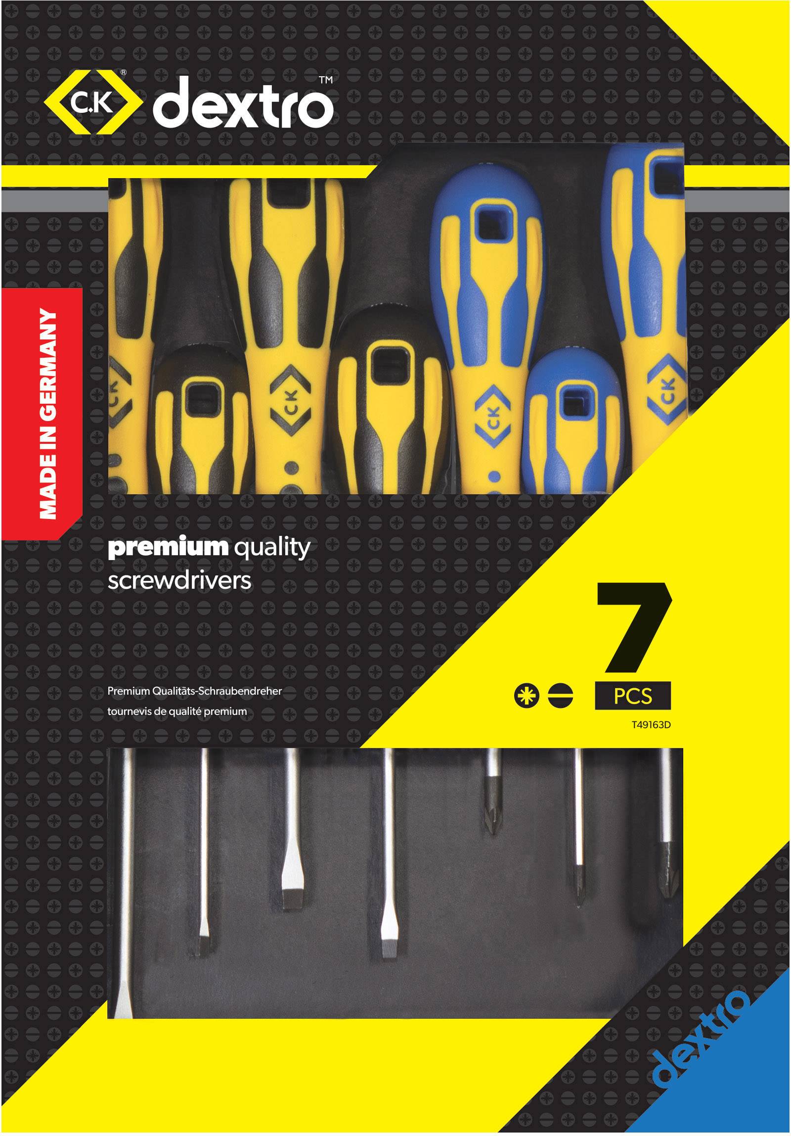 Sedemdielová sada skrutkovačov v žltej a modrej farbe, vyrobená v Nemecku, propagovaná ako „prémiová kvalita".