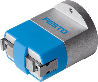 Strieborný a modrý pneumatický úchopný modul s logom 'Festo' na uchopenie a pridržiavanie objektov v automatizačných systémoch.